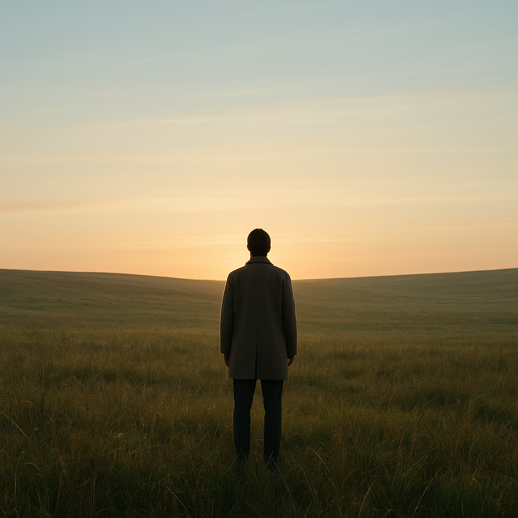 清晨柔光中，一个人站在开阔原野边缘望向地平线，安静而笃定