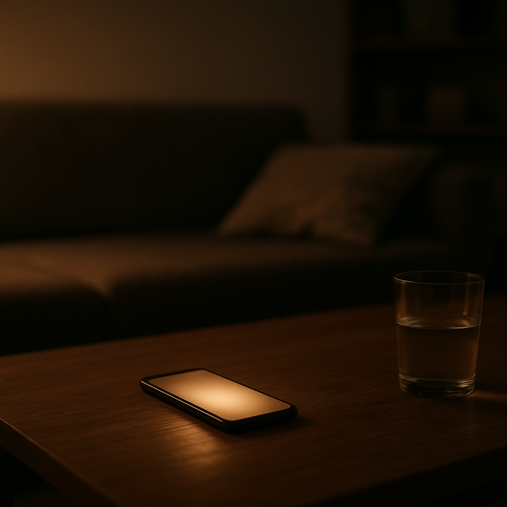 昏暗客厅，茶几上手机屏幕微微发光，安静而微妙的不安感